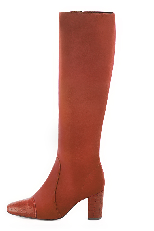 Terracotta orange women's feminine knee-high boots. Round toe. High block heels. Made to measure. Profile view - Florence KOOIJMAN